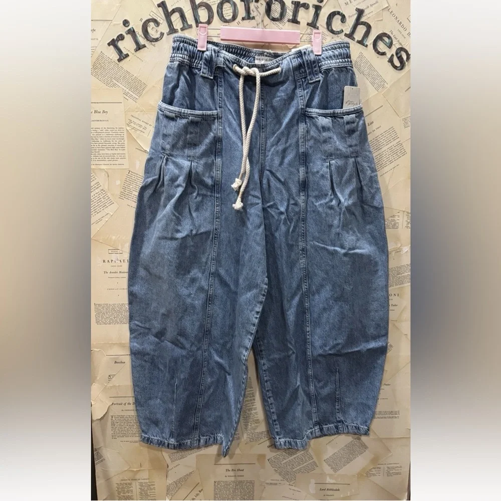 Free People Margo Barrel Pull On Jeans We The Free Rope Tie Bergamot Blue - Picture 6 of 7